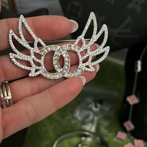 Silver Winged Crystal Brooch